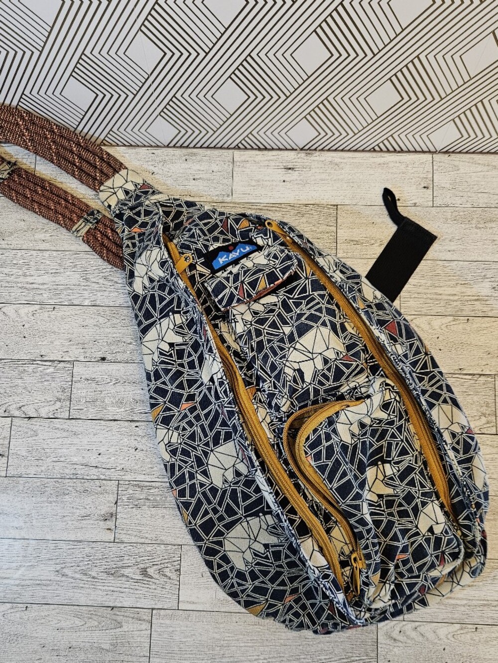 Kavu Rope Sling Crossbody Backpack Cotton Geometric Navy White Polar Bear Print